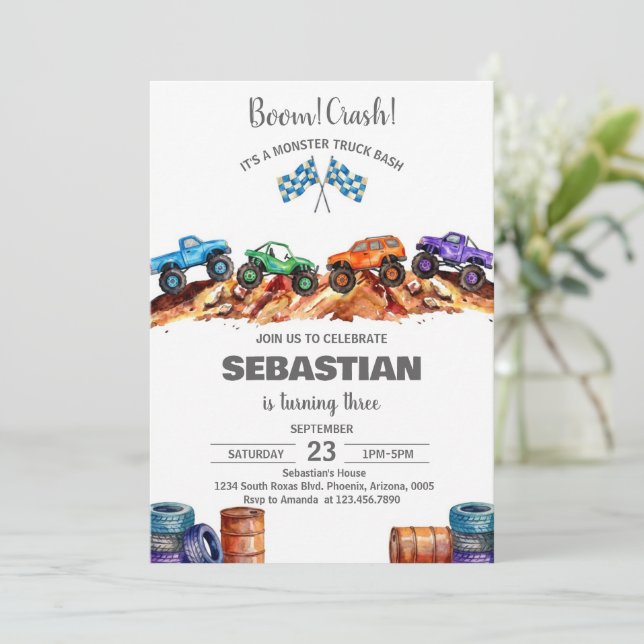 Convites Modern Kids Monster Trucks Birthday Party (Em pé/Frente)