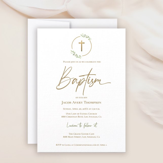 Convites Modern Laurel Wreath Gilded Dourado Cross Baptism (Baptism gold cross laurel watercolor leaves invitation)