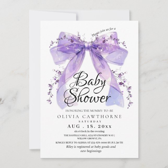 Convites Modern Lavender Bow and Flowers Baby Shower (Frente)