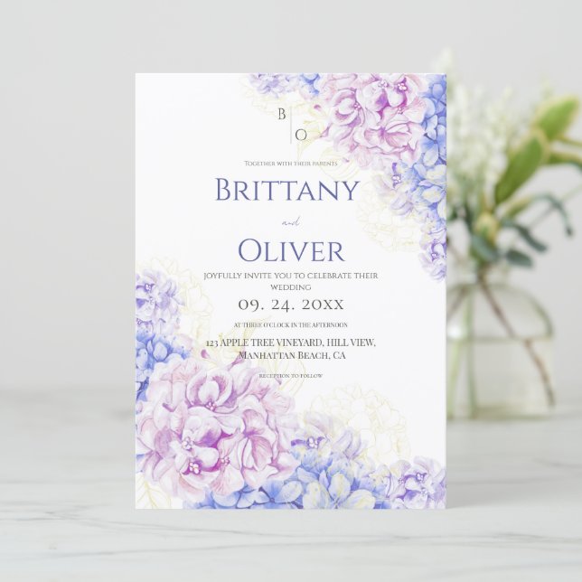 Convites Modern Lilac & Blue Floral Wedding (Em pé/Frente)
