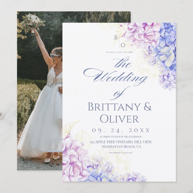 Convites  Modern Lilac & Blue Spring  Floral Wedding (Frente/Verso)