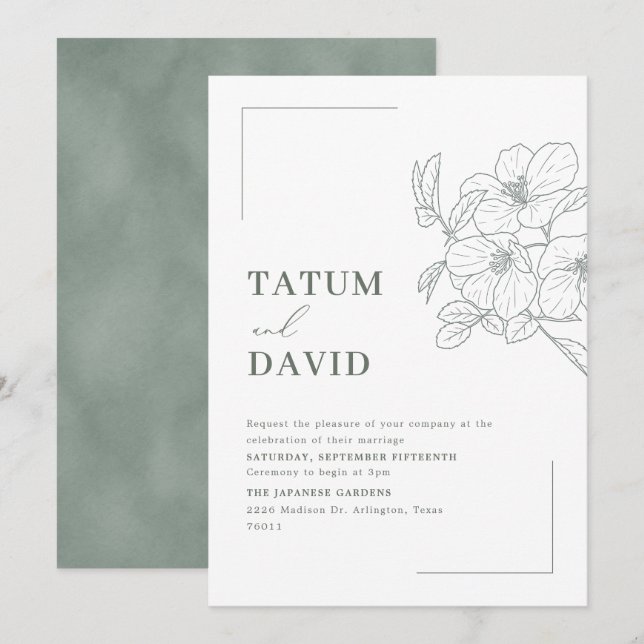 Convites Modern Line Art Floral Green Wedding Invite (Frente/Verso)