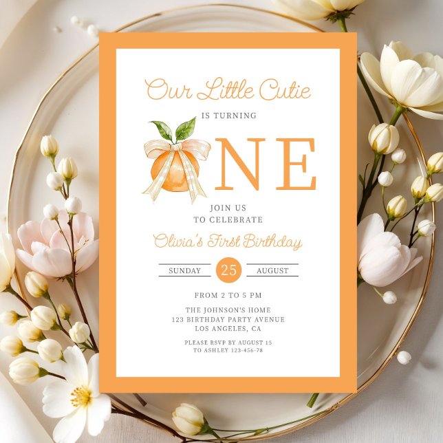 Convites Modern Little Cutie Orange Citrus 1st Birthday (Modern Little Cutie Orange Citrus 1st Birthday Invitation)