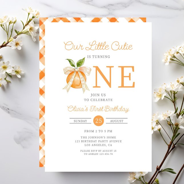 Convites Modern Little Cutie Orange Citrus 1st Birthday (Modern Little Cutie Orange Citrus 1st Birthday Invitation)