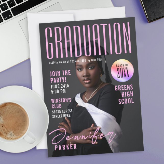 Convites Modern Magazine Pink Graduation School Bachelor (Criador carregado)
