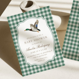 Convites Modern Mallard Duck Neutral Gingham Baby Shower