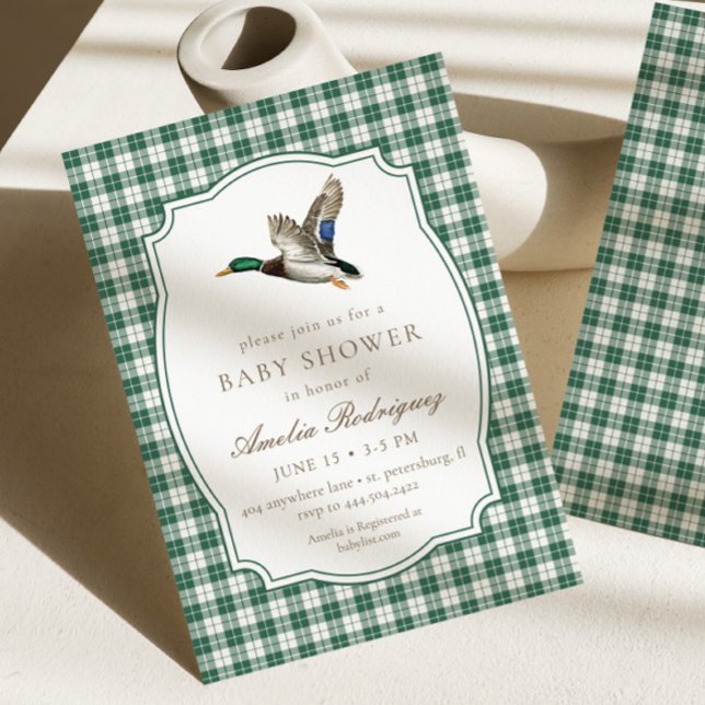 Convites Modern Mallard Duck Neutral Gingham Baby Shower (Criador carregado)