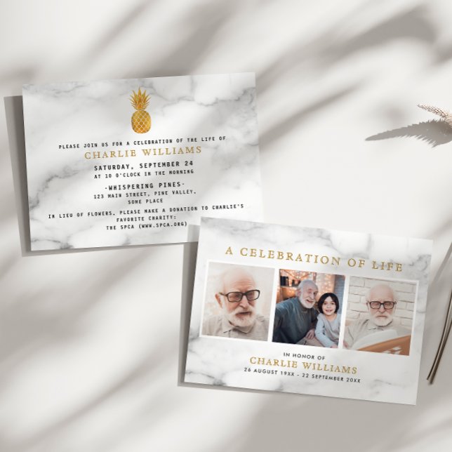 Convites Modern Marble Celebration of Life Memorial 3-Photo (Criador carregado)