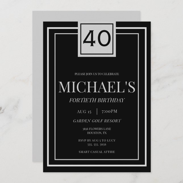 Convites Modern Masculine Silver & Black 40th Birthday (Frente/Verso)