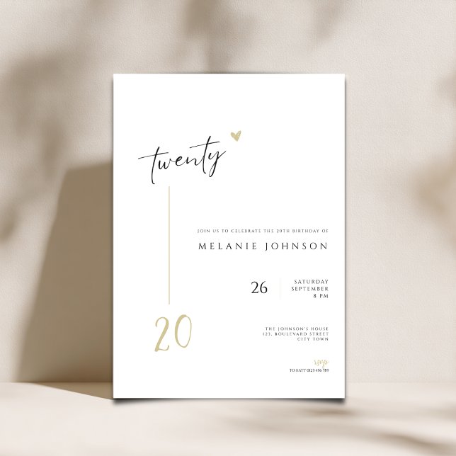 Convites Modern Minimal 20th Birthday Party Invitation (Minimal Modern 20th birthday invitation with handwritten typography.)