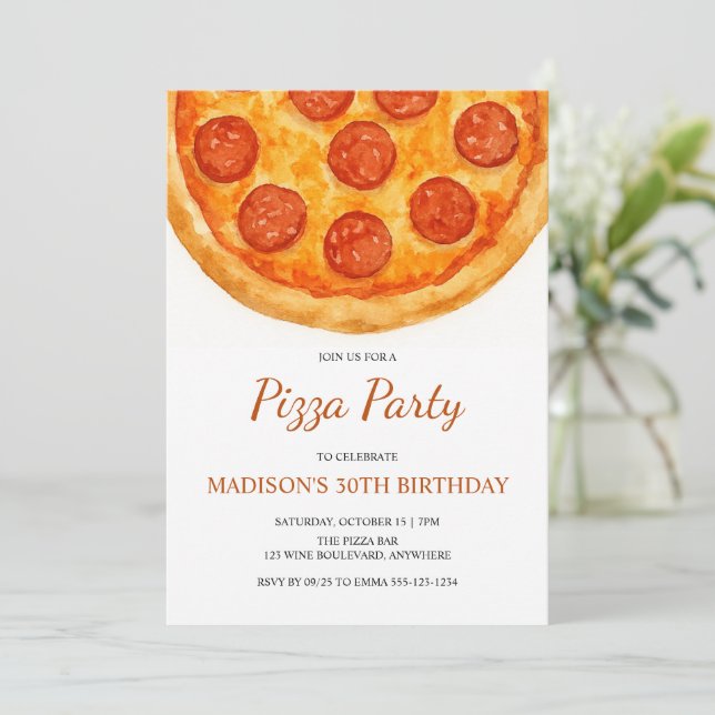 Convites Modern Minimal Adult Birthday Pizza Party (Em pé/Frente)
