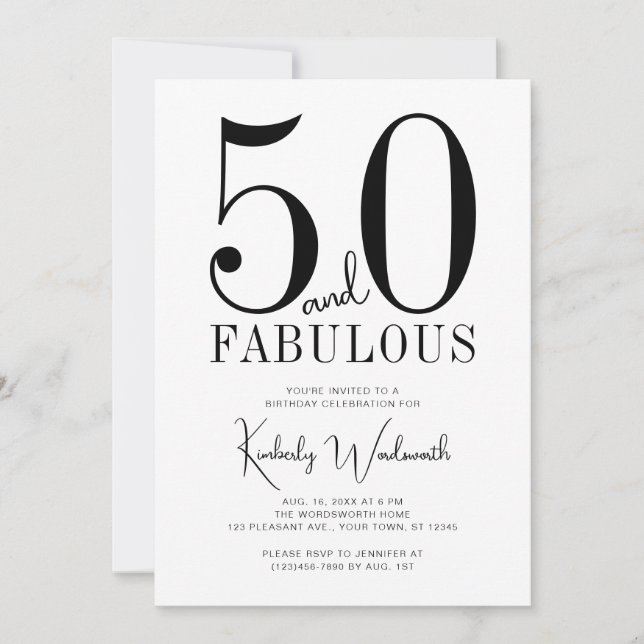 Convites Modern Minimal Fifty and Fabulous 50th Birthday (Frente)