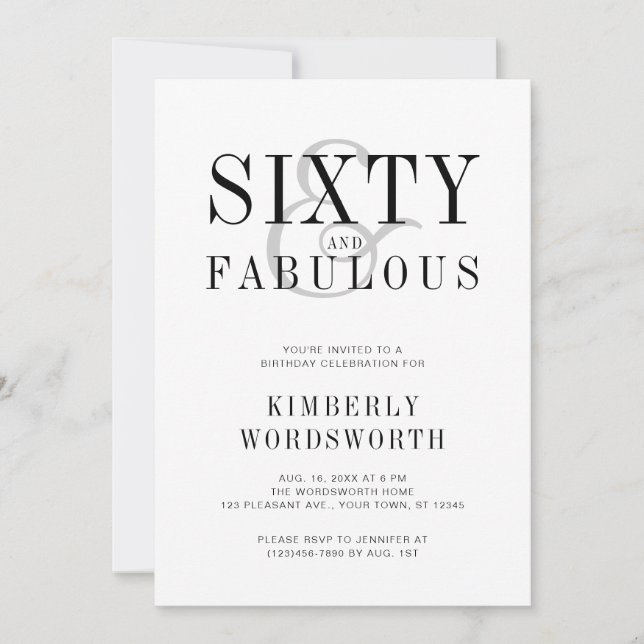 Convites Modern Minimal Sixty and Fabulous 60th Birthday (Frente)