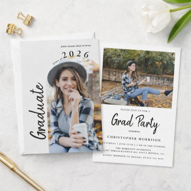Convites Modern Minimal Two Photo Graduation Party (Criador carregado)
