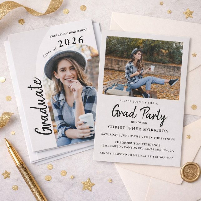 Convites Modern Minimal Two Photo Graduation Party (Criador carregado)