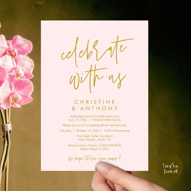 Convites Modern Minimal Wedding Reception Dinner (Modern Minimal Wedding Reception Dinner Lunch Brunch Invitation Card in yellow gold and Blush)