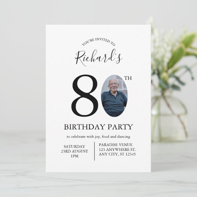 Convites Modern Minimalist 80th Birthday Photo (Em pé/Frente)