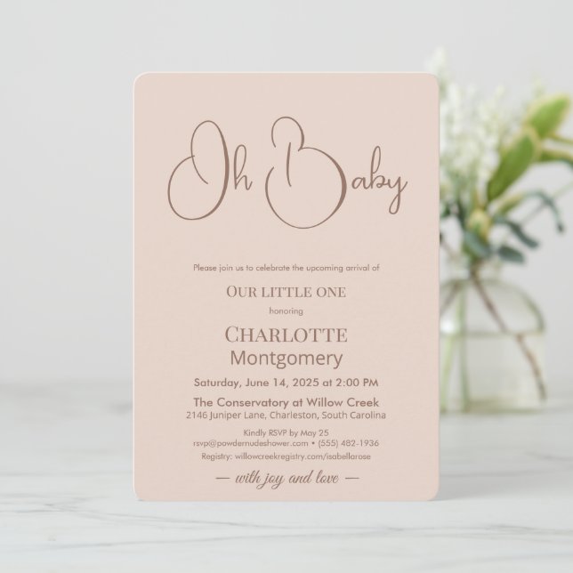 Convites Modern Minimalist Baby Shower | Powder Blush (Em pé/Frente)