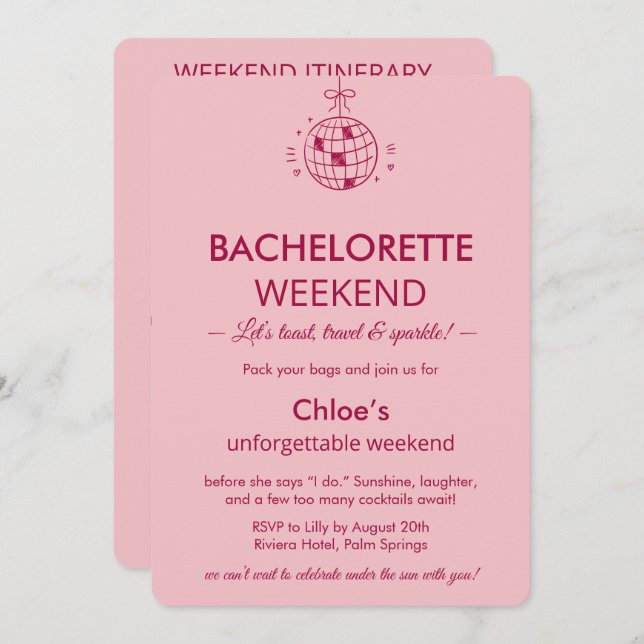 Convites Modern Minimalist Bachelorette Weekend | Pink  (Frente/Verso)