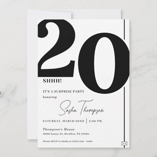 Convites Modern minimalist black 20th birthday invitation (Frente)