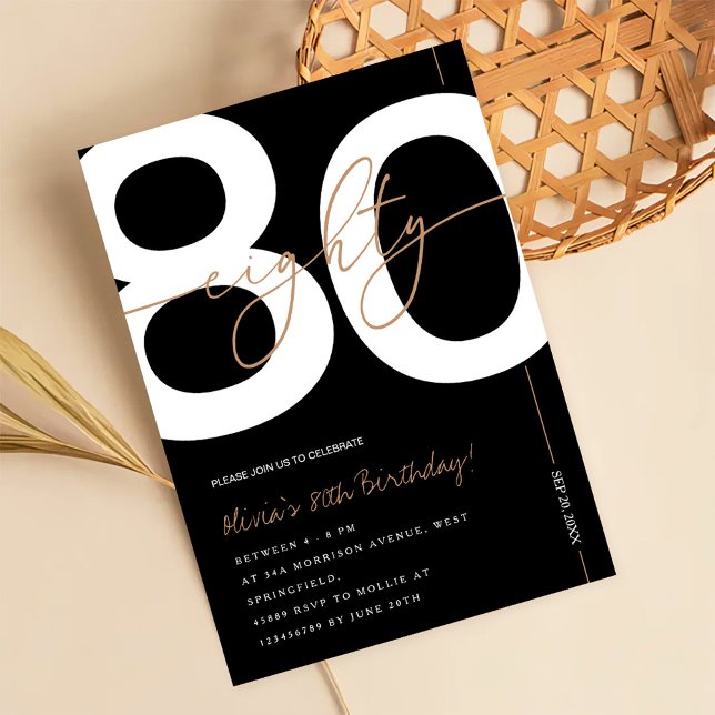 Convites Modern Minimalist Black & Gold 80th Birthday Party (Criador carregado)