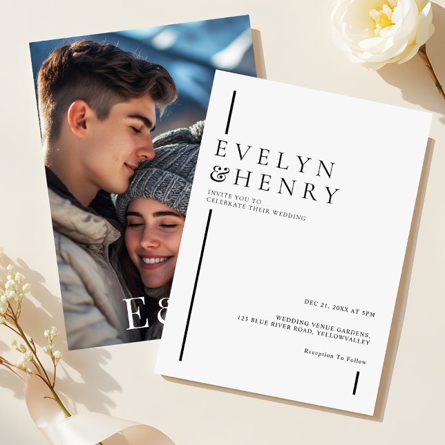 Convites Modern Minimalist Black Line Photo Wedding (Criador carregado)