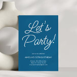 Convites Modern Minimalist Blue Birthday Party Chic<br><div class="desc">This birthday party invitation features playful script lettering on a blue background for a bold yet elegant look. The flowing typography feels celebratory while staying clean and modern. A versatile design that works beautifully for milestone birthdays,  cocktail parties,  or festive gatherings.</div>