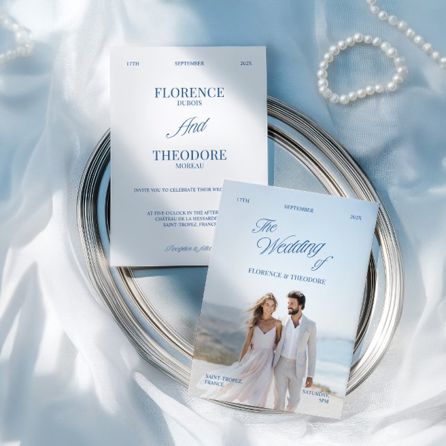 Convites Modern Minimalist Blue & White Photo Wedding (Modern Minimalist Blue & White Photo Wedding Invitation)