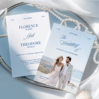 Convites Modern Minimalist Blue & White Photo Wedding