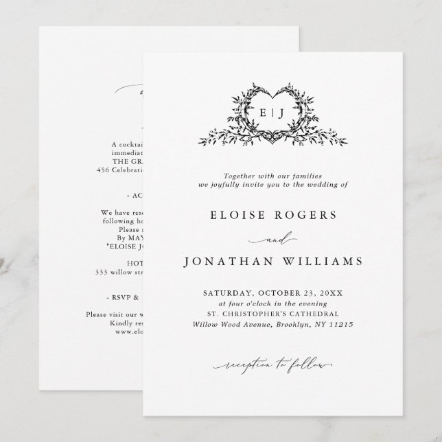 Convites Modern Minimalist Chic Calligraphy Crest Wedding (Frente/Verso)