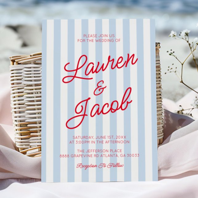 Convites Modern Minimalist Coastal Red Blue Stripes Wedding (Criador carregado)