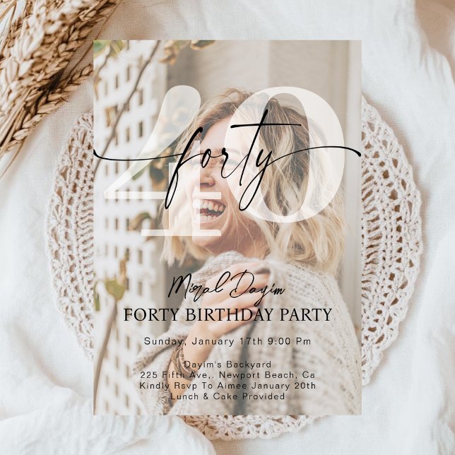 Convites Modern Minimalist FORTY 40th Birthday Party Photo  (Criador carregado)
