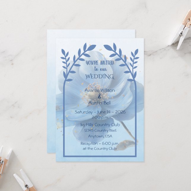 Convites Modern Minimalist Gold and Blue Poppy Wedding   (Frente/Verso In Situ)