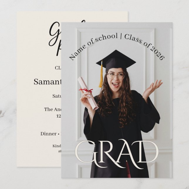 Convites Modern Minimalist Grad | Elegant Photo Grad Party (Frente/Verso)
