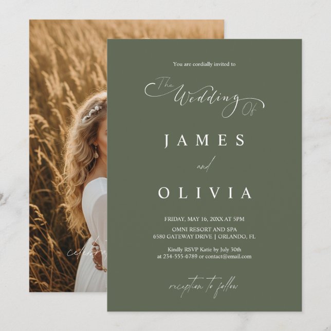 Convites Modern Minimalist Olive Green Photo Wedding Invita (Frente/Verso)