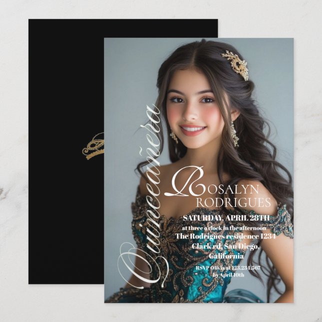 Convites Modern & Minimalist Photo Quinceanera Gold White  (Frente/Verso)