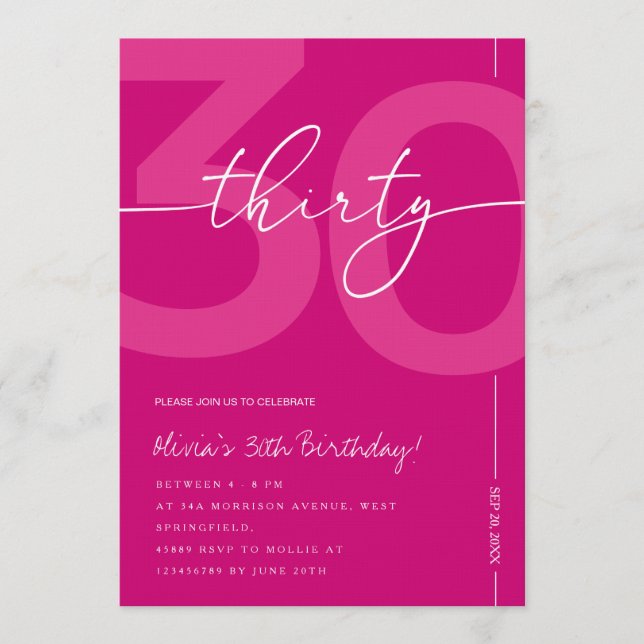 Convites Modern Minimalist Pink 30th Birthday Party (Frente)