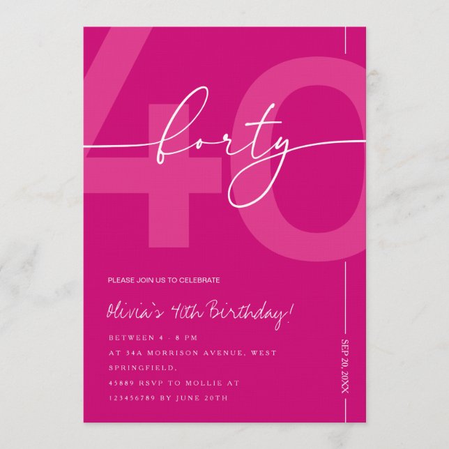 Convites Modern Minimalist Pink 40th Birthday Party (Frente)