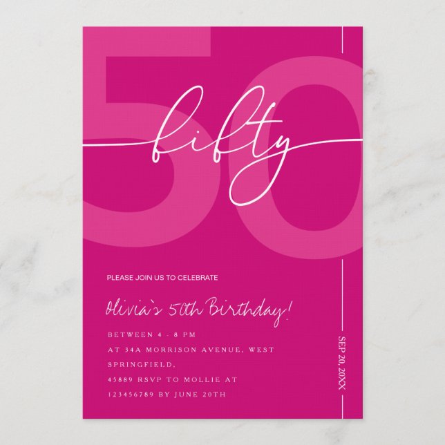 Convites Modern Minimalist Pink 50th Birthday Party (Frente)