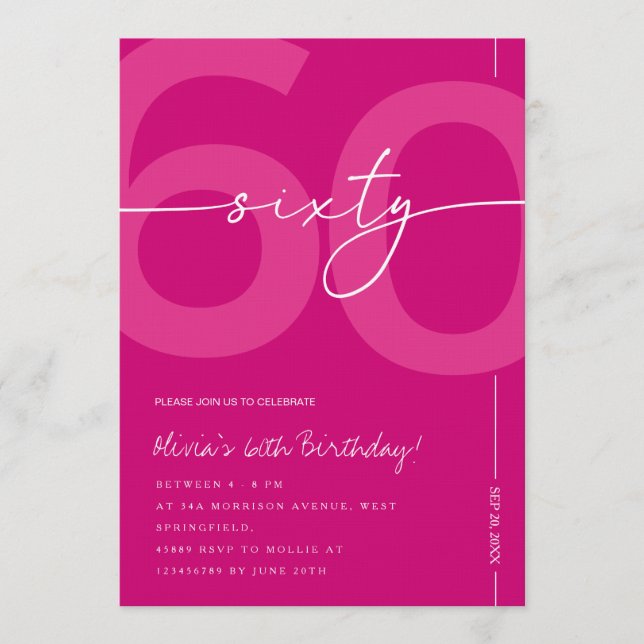 Convites Modern Minimalist Pink 60th Birthday Party (Frente)
