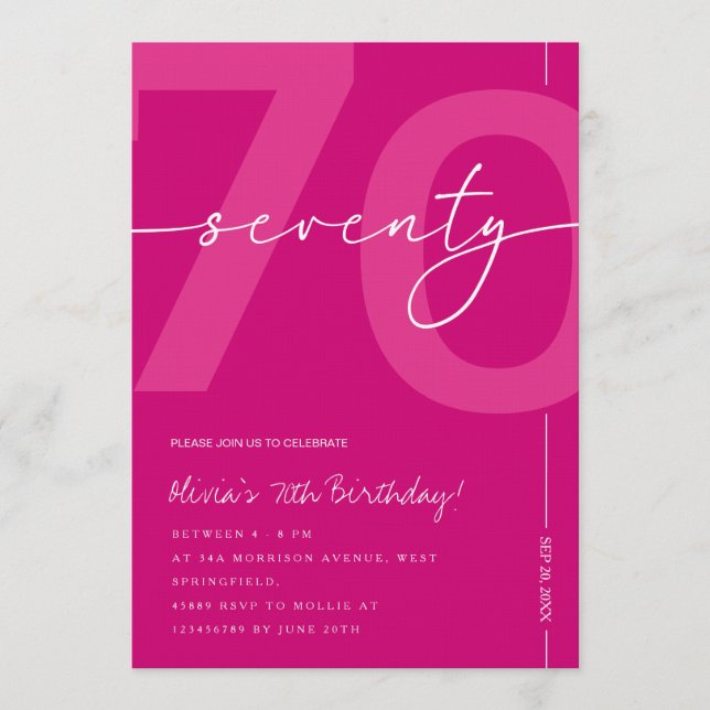 Convites Modern Minimalist Pink 70th Birthday Party (Frente)