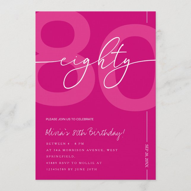 Convites Modern Minimalist Pink 80th Birthday Party (Frente)