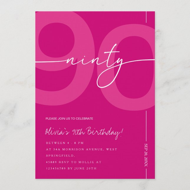 Convites Modern Minimalist Pink 90th Birthday Party (Frente)