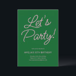 Convites Modern Minimalist Pink Green Birthday Party Chic<br><div class="desc">This birthday party invitation features playful pink script lettering on a rich green background for a bold yet elegant look. The flowing typography feels celebratory while staying clean and modern. A versatile design that works beautifully for milestone birthdays,  cocktail parties,  or festive gatherings.</div>