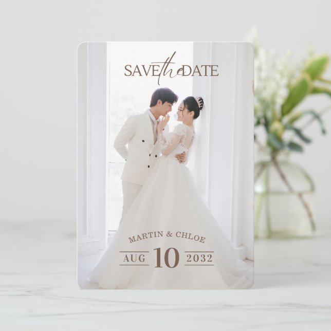 Convites Modern Minimalist Romantic Script Photo Wedding  (Em pé/Frente)