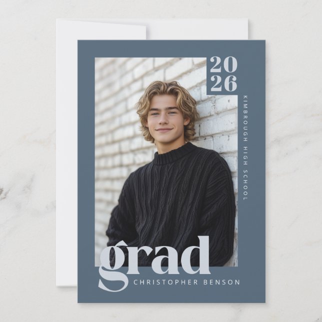 Convites Modern Minimalist Slate Blue Grey Photo Graduation (Frente)