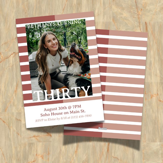 Convites Modern Minimalist Striped Thirtieth Birthday Photo (Celebrate the beginning of a new decade with this Modern Minimalist Striped 30th Birthday Invite!)
