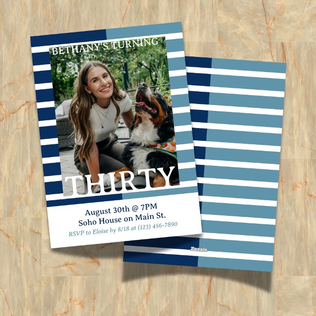 Convites Modern Minimalist Striped Thirtieth Birthday Photo (Celebrate the beginning of a new decade with this Modern Minimalist Striped 30th Birthday Invite!)