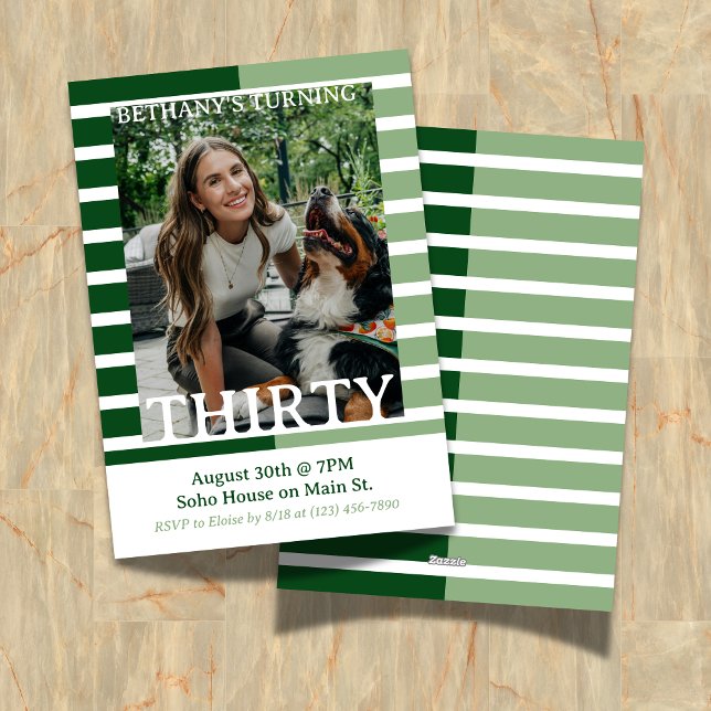 Convites Modern Minimalist Striped Thirtieth Birthday Photo (Celebrate the beginning of a new decade with this Modern Minimalist Striped 30th Birthday Invite!)