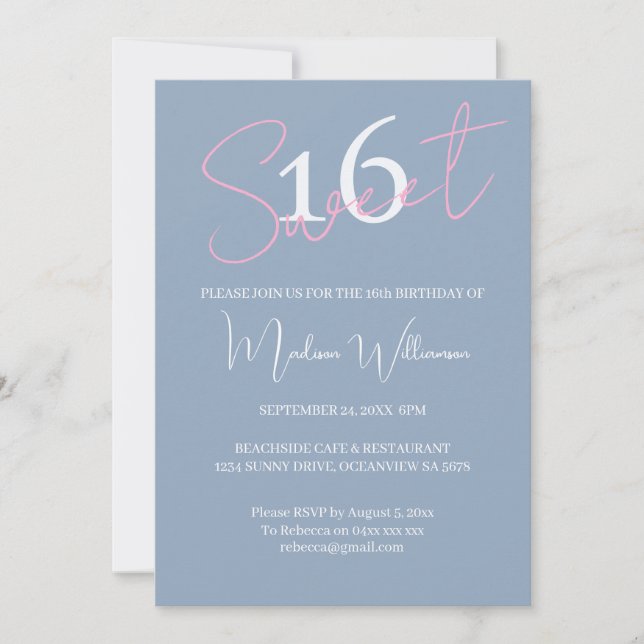 Convites Modern Minimalist Sweet 16 Pink Blue Birthday (Frente)